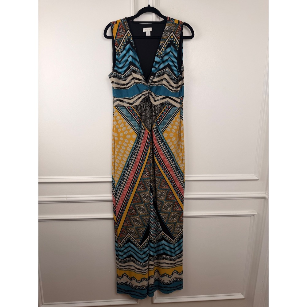 Chicos Geometric Tribal Print Twist Front Sleeveless Maxi Dress Blue Yellow 1 M